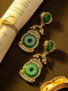 1 Pair Women's Fashion Jewelry Earrings, Luxurious Light Luxury Jade Peace Buckle Chinese Style New Chinese Heavy Work Earrings, Suitable For Daily Wear And Vacation - Multicolor - View 3