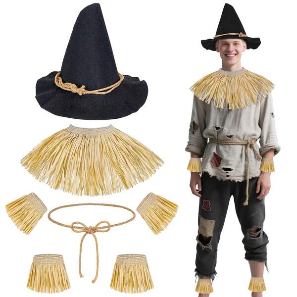 Halloween 7-Piece Scarecrow Costume Accessories, Adult Wizard Scarecrow Set Including Scarecrow Hat, Halloween Role Play Outfit (7-Piece Set)