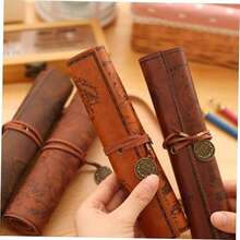 Vintage PU Leather Pencil Case Set, Large Capacity Sketching Pencil Bag, Art Supplies Makeup Bag, Roll-Up Design For Students And Travelers - Multicolor - View 7