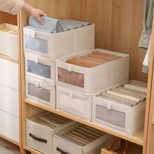 1/2pcs Foldable Fabric Storage Box, Linen Material With Transparent Window And Reinforced Handle, Sturdy Denim Clothing Storage Organizer, Stackable Toy Storage Bin For Living Room, Wardrobe And Closet - White - View 2