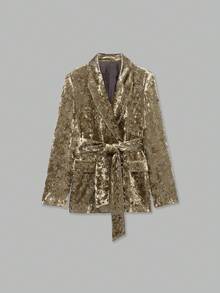 YROOE Women's Autumn/Winter Gold Embossed Velvet Lapel Wrap Tie Waist Long Sleeve Slim Fit Blazer - Gold - View 2