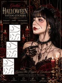 Halloween Stitch Temporary Tattoo Stickers, Gothic Style Stitch Body & Face Tattoos, Waterproof Long-Lasting Fake Stitch Makeup Stickers, Suitable For Halloween Party, Cosplay, Masquerade & Role Play Makeup - Multicolor - View 6