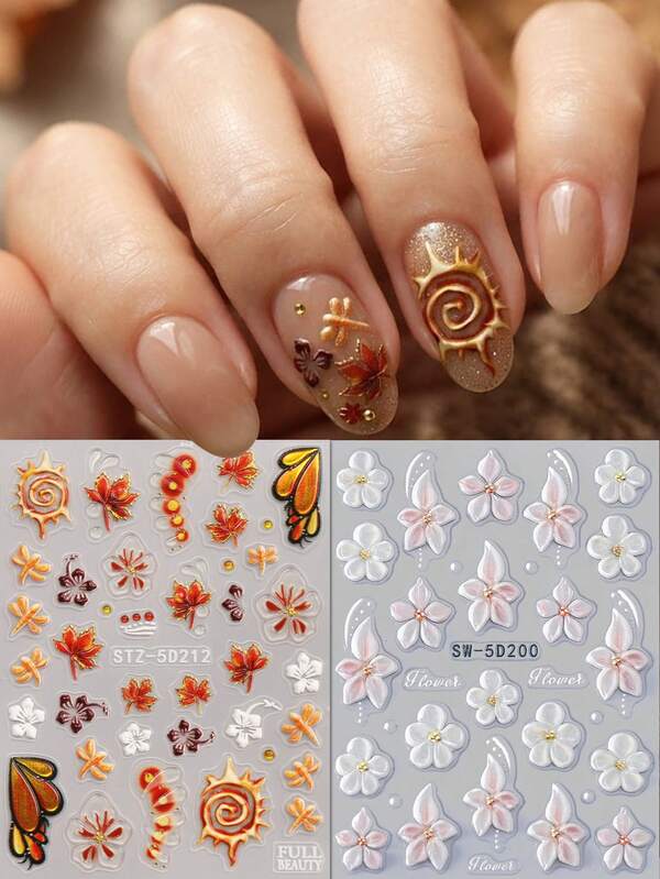 2pcs 5D Embossed Pink-White Gradient Five-Petal Flower Gold Edge Autumn Maple Leaf Dragonfly Butterfly Nail Art Stickers, Nail Artist Supplies, Holiday Gift, Suitable For Autumn, Graduation Season, Thanksgiving, Wedding Season, Music Festival, Daily Commute And Party Decoration