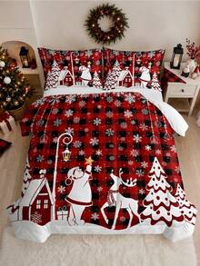 Bộ chăn ga gối 3 món chủ đề Giáng Sinh họa tiết kẻ caro đỏ đen Ông già Noel và tuần lộc - mềm mại, thoải mái và thoáng khí, bông chần 200g, gồm 1 chăn và 2 vỏ gối (không kèm ruột gối) - lựa chọn hoàn hảo để trang trí Giáng Sinh cho nhà hoặc ký túc xá - Nhiều màu - Xem 6