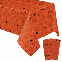 Tablecloth, 3PCS/1PC Halloween Theme Orange Spider Web Rectangular Party Tablecloth, Plastic Disposable Halloween Spider Web Tablecloth, Day Of The Dead Outdoor Halloween Party Decoration (Orange) 54" X 108" - Orange - View 10