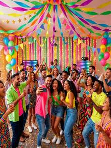 Rainbow Party Decoration Set, Includes Colorful Crepe Paper Banner, Gold Star Garland Backdrop And Flags, Suitable For Wedding Party, Luxury Birthday Party Hanging Decoration - Multicolor - View 3