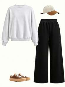 2pcs/Set Pakaian Kasual Anak Perempuan, Sweatshirt Bergambar Kucing Lucu + Celana Panjang, Kain Lembut, Cocok Untuk Pemakaian Sehari-hari Dan Sekolah - Grey - View 3