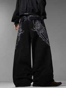 Men's Black Jeans, Unique Back Pocket Embroidery, Minimalist Fashion Loose Wide Leg Pants, Versatile All Season Wear (Belt & Accessories Not Included) - Black - View 1