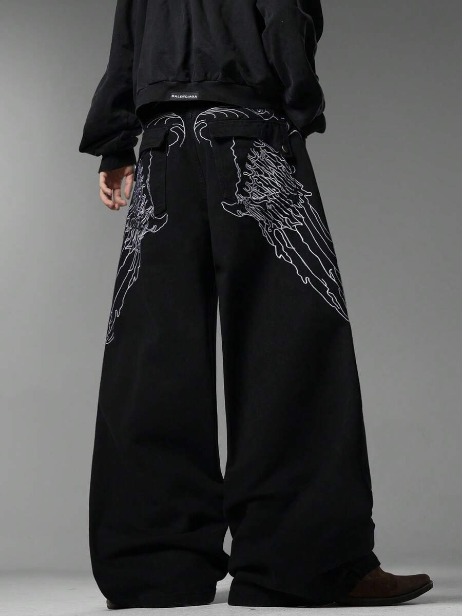 Men's Black Jeans, Unique Back Pocket Embroidery, Minimalist Fashion Loose Wide Leg Pants, Versatile All Season Wear (Belt & Accessories Not Included) - Black - View 1