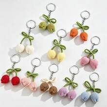 1/8pcs Handmade Crochet Tulip Flower Keychain, Colorful Yarn Flower Key Chain, Creative Gift For Friends, Girlfriend, Holiday Celebration, Phone, Car Decoration, Graduation, Mother's Day - Multicolor B - View 7