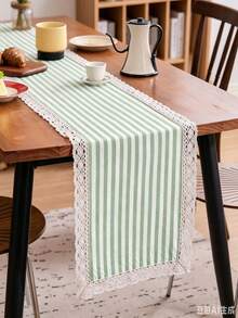 1/16PCS Vintage Minimalist Green & White Striped Lace Table Runner, Reusable Long Tablecloth For Coffee Table, Cabinet, Outdoor Holiday Decor, Suitable For Living Room, Dining Room, Holiday Party, Family Gathering, Wedding Banquet, Birthday Table Decoration - Green - View 3