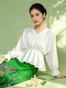 1pc Solid Color Ruffle/Flounce Trim Long Sleeve Blouse For Women - White - View 2