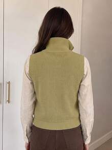 Women's Ribbed Knit Zip-Up Turtleneck Vest, Sleeveless Solid Sweater Waistcoat - Mustard Yellow - View 2