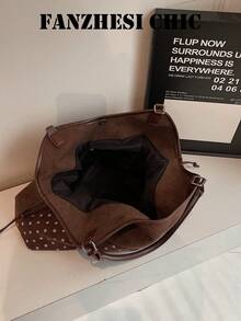 Influencer Style Polka Dot Tote Bag With Colorblock Design, 3D Letter Print, Soft Body, Large Capacity Storage, Women's Casual Underarm Bag - Coffee - View 5