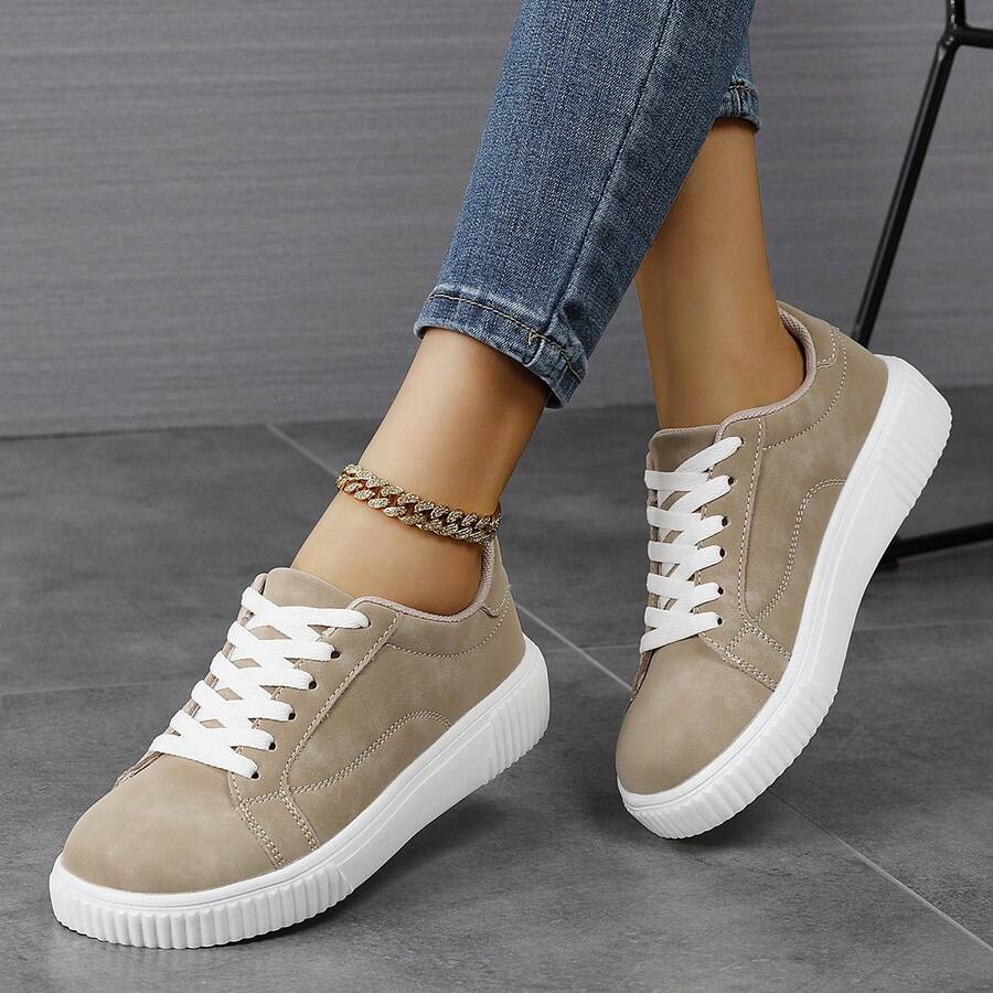 Unisex Wide Toe Box Colorblock Casual Sports Shoes, Lace-Up Lightweight Flat Walking Skateboard Shoes - Mocha Brown - View 1