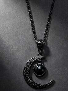 QTHOPE Gothic Punk Style Black Lace Purple Crescent Moon Necklace - Black - View 3