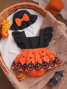 Infant Girls Halloween Outfit Set, Lace Trim Flutter Sleeve Pumpkin Ghost Face Star Print Bodysuit With Bow Decorated Hat, 2 Pieces Summer Set - Multicolor - View 2