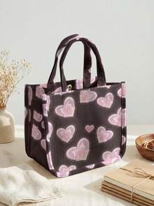 1pc Love Print Corduroy Tote Bag, Snap Button Closure Cute Handbag, Reusable Lunch Tote Bag For Student School Daily Outdoor Shopping Use - Multicolor - View 9