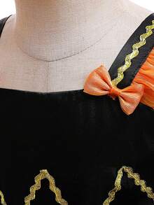 Young Girls Thick Strap Woven Ribbon Bow Organza Elegant Halloween Party Puff Princess Dress Suitable For Ball, Includes Bag, No Headband - Orange - View 6