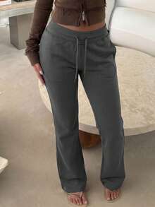 NOIRLYN Women's Fall High Waist Drawstring Flare Sweatpants, Slim Fit Floor-Length Casual Trousers Winter - Dark Grey - View 4