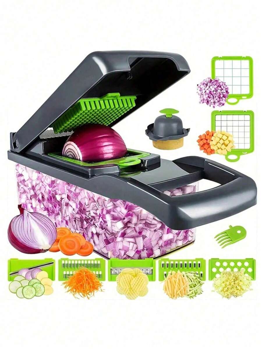 16-In-1 Multi-Function Vegetable Chopper With Handle, Food Grater, Vegetable Slicer, Dicer, Kitchen Tool, Suitable For Cutting Fruit, Onion, Carrot Shreds, Potato Shreds - Includes Container, Christmas Gift