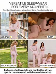 Women's Spring Autumn Winter Ribbed Solid Color Fashion Ruffle Trim Sweet Bow Lace Trim Square Neck Raglan Long Sleeve Casual Dual Pocket Pants Comfortable Loungewear 2-Piece Set - Pink - View 10