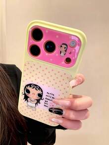 1pc White Large Grid Cartoon Glasses Girl Print Transparent Phone Case, Polka Dot & Small Wing Decoration, Glossy Soft TPU Full Coverage Shockproof Protective Shell, Minimalist Y2K Sweet Style, Compatible With IPhone 18 11, 12, 13, 14, 15, 16, 17, 17 Pro, 17 Pro Max - Yellow - View 3
