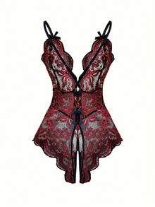Women's Sexy Semi-Sheer Lace Teddy Jumpsuit - Deep V Lace Trim Design, Sheer Jumpsuit, Plus Size Floral Hollow Lace - Black - View 3