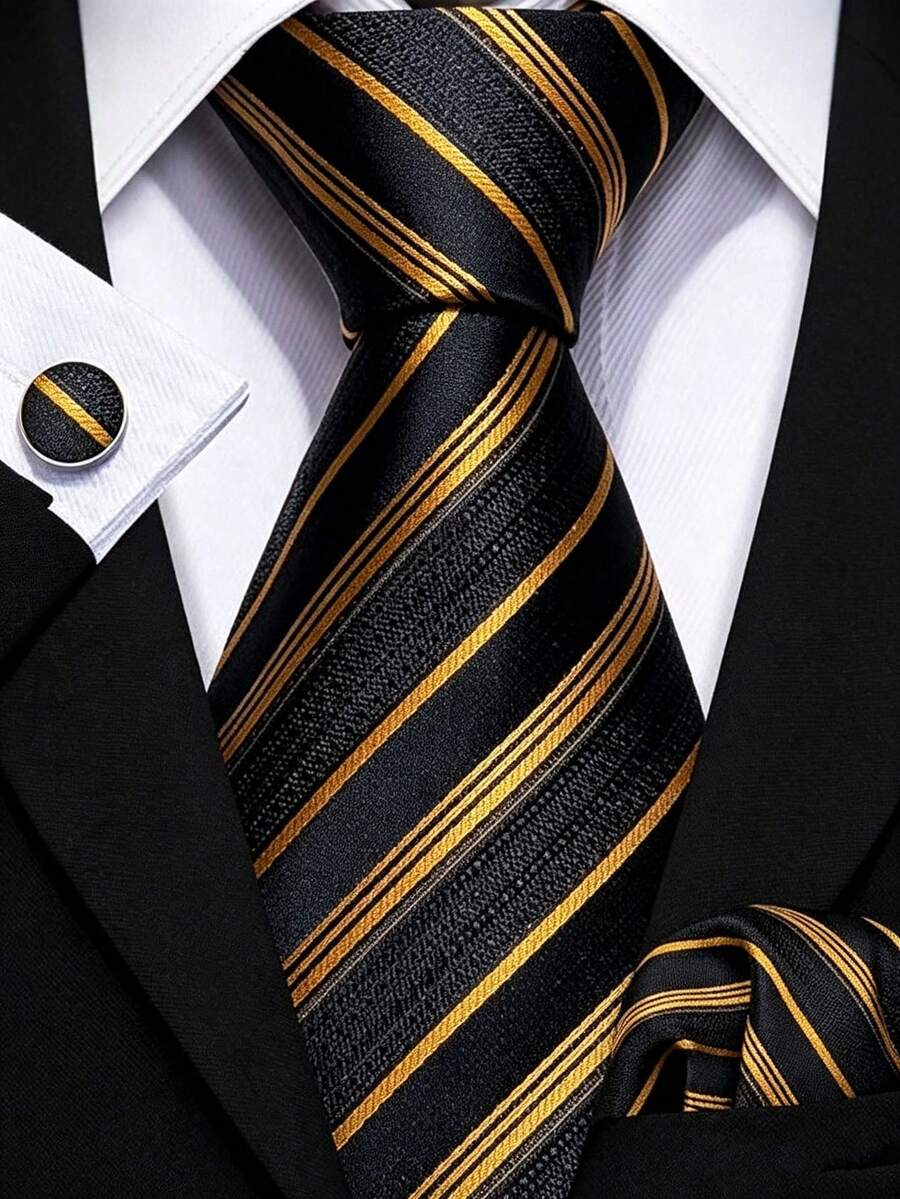 Men's Tie Set, Classic Fashion Tie Set Includes Cufflinks, Business Party - Gold - View 1