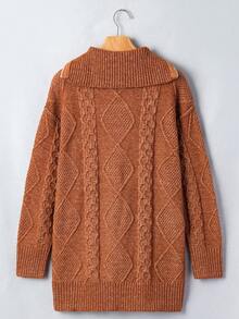 Acelitt Autumn/Winter Casual Loose Half-Zip Collar Cable Knit Argyle Jacquard Long Sleeve Sweater Dress, Suitable For Daily And Holiday Wear - Brown - View 5