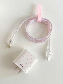 Polka Dots In Pink 1.5-Meter Winding And Fixing Device, Anti Break Data Cable Charging Head Protection Set, Compatible With Iphone 20W Fast Charging Data Cable - Multiple Styles - View 2