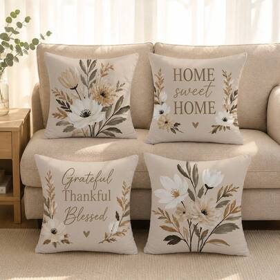 4pcs Vintage Brown Floral Warm Home Slogan Pattern Cushion Covers, Single-Sided Printed Peach Skin Velvet Polyester Material, 45*45CM/18*18inch Pillowcases Suitable For Room Decoration, Modern Minimalist Sofa Living Room Decor, Gift Giving, Party Decoration