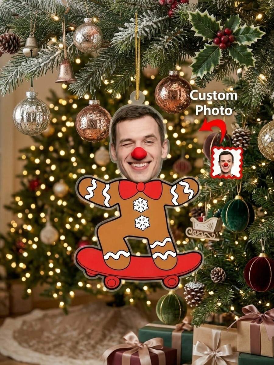 Custom Photo Christmas Ornament Personalized Face Gingerbread Skateboard Acrylic Tree Hanging Decor Secret Santa Gift - Multicolor - View 1