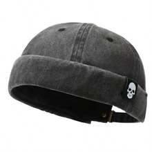 1pc Skull Logo Hat, Washed Distressed Brimless Skull Cap, Solid Color, Suitable For Parties And Outings, Unisex, All Season - A - View 12