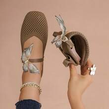 Summer Breathable Mesh Mary Jane Shoes, Vintage Tulle Butterfly Decor, Single Strap Buckle, Soft Sole, Low Vamp, Fairy Style Flat Shoes - Coffee Brown - View 7