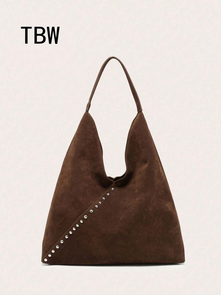 Women's Shoulder Bag/Handbag, Brown Suede, Large Capacity, Rivet Decor, Retro Commuter Style, Suitable For Autumn/Winter Outings - Brown - View 1