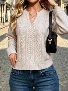 Sweater Rajut Kabel Warna Oatmeal Wanita, Leher V Setengah Terbuka, Pullover Lengan Panjang Longgar Bahu Jatuh Lembut Mirip Wol, Atasan Kasual Sehari-hari untuk Musim Gugur dan Musim Dingin - Aprikot - View 5