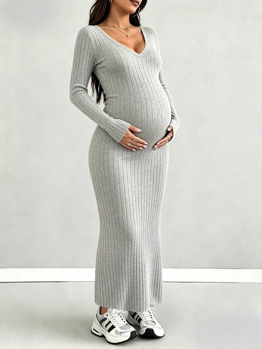 Parara Maternity Long Sleeve V-Neck Ribbed Knit Dress, Elegant Casual Dress - Ash - View 1