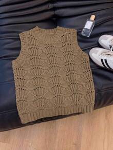 1pc Women's Summer Fashion Hollow Design Chunky Knit Sleeveless Vest, Solid Color Casual Knitted Tank Top - Camel - View 3