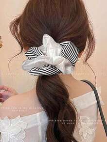 1pc Striped Double-Layer Organza Patchwork Scrunchie, Soft Mesh Fabric, Double-Layer Stitched Craftsmanship, Classic Black And White Striped Design, Minimalist Korean Casual Style, Suitable For Commuting Girls, Perfect For Daily Outings, Shopping, Photography, Fresh And Versatile Hair Tie Hair Scrunchies - Multicolor - View 6