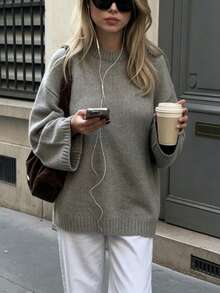 Women's Loose Drop Shoulder Round Neck Knit Sweater, Long Sleeve Solid Grey Oversized Casual Everyday Pullover - Grey - View 10
