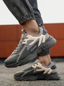 Men's Colorblock Letter Print Low-Top Lace-Up Soft Sole PU Casual Shoes, Round Toe Height-Increasing Flat Bottom All-Season Mesh Patchwork Walking Running Sneakers - Grey - View 4