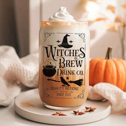 1 pièce Tasse à paille spéciale sorcière avec couvercle, tasse en forme de canette, cadeau d'Halloween, peut être offert à la famille et aux amis, tasse à thé aux fruits réutilisable, avec couvercle en bambou et paille en verre, chope à bière en forme de canette, tasse en verre de type pot Mason, cadeau pour fête d'Halloween