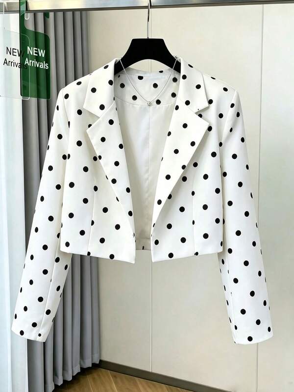 Women's White Polka Dot Short Blazer Woven Fabric Long Sleeve Classy Outfit