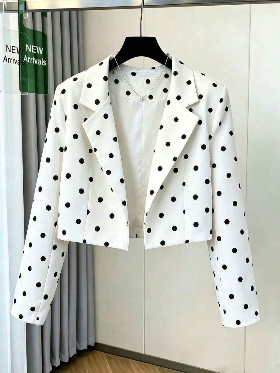 Women's White Polka Dot Short Blazer Woven Fabric Long Sleeve Classy Outfit - White - View 1