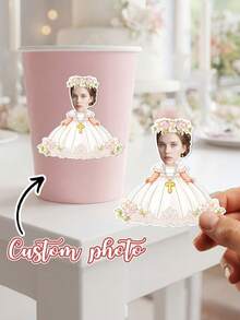 8/20/40pc Custom Photo Wedding Stickers,First Communion Stickers,Personalized Holy Communion Vinyl Decals For Gift Packing Envelope Cup Decor,Religious Ceremony Party Favor Supplies,Bridal Shower - Multicolor - View 2