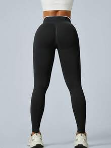 Legging Fitness Wanita Warna Hitam dengan Blok Warna, Pinggang Bergaris untuk Membentuk Bokong dan Mengangkat Tubuh, Cocok untuk Gym, Yoga, Lari, Pakaian Olahraga Musim Gugur/Dingin - Hitam - View 5