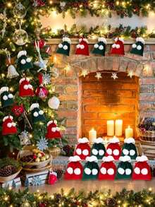 1/3/6pcs Christmas Gift Bags, Christmas Drawstring Bags, Christmas Red & Green Plush Small Gift Bags, White Pom Pom Decor, White Faux Fur Ribbon Drawstring Design, Christmas Gift Bags First Choice - Multiple Styles - View 3
