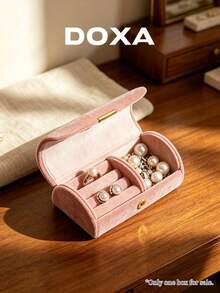 DOXA Pink Velvet Long Magnetic Jewelry Box, Portable Travel Mini Ring & Earring Storage Box - Pink - View 4