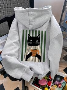 Women's Back Print Sweatshirt, Black Cat & Coffee Cup Cartoon Pattern Loose Casual Hooded Sweatshirt - Dark Gray - View 2